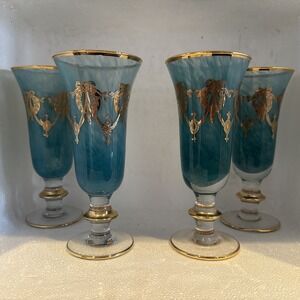 Interglass Italy Medici 24K Set Of 4 Goblets Turquoise Blue  RARE COLOR!